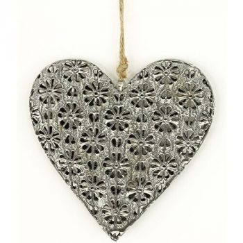 Závesná kovová dekorácia Floral heart, 14 cm