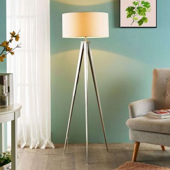 Stojaca lampa Benik vzhľad trojnožky biela–nikel