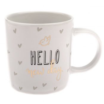 Porcelánový hrnček Hello so srdiečkami 360 ml, zlatá