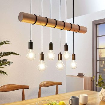 Závesná lampa Eviton, šesť svetiel, prírodné drevo - Image 2