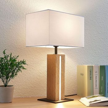 Látková stolová lampa Garry/drevený stojan/hranatá