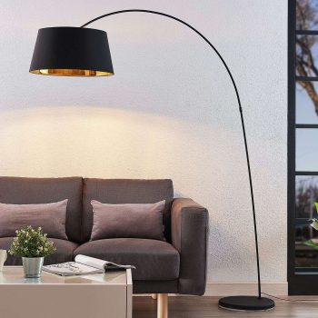 Oblúková stojaca lampa Esti, látková, čierno-zlatá