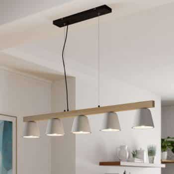 Lindby Kalinda závesná lampa betón drevo, 5-pl.
