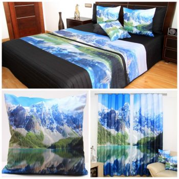 Čierny 3D set prehoz, obliečky na vankúše, záves s motívom hôr s jazerom 40 x 40cm 4276