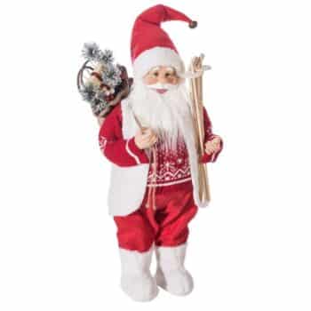 Dekoračná bielo červená figúrka Santa Clausa s batohom a lyžami 45 cm 47086