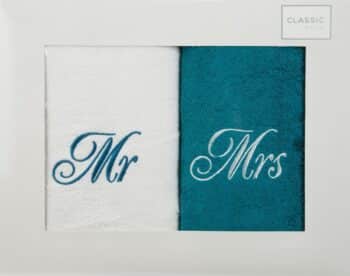 Originálna bielo tyrkysová sada uterákov MR and MRS 50 x 90 cm Biela