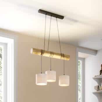 Závesná lampa Sacide, drevený trám, 3 textilné