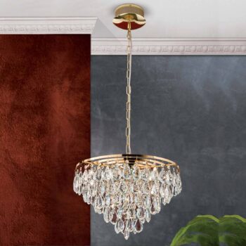 Závesná lampa Celeste s krištáľmi K9, 9-pl. zlatá
