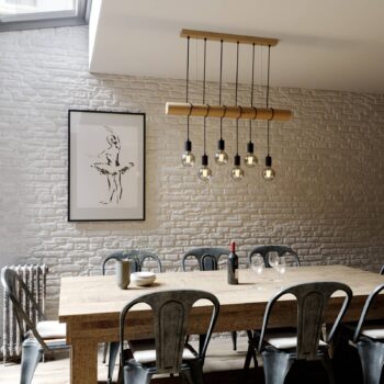 Závesná lampa Eviton, šesť svetiel, prírodné drevo - Image 4