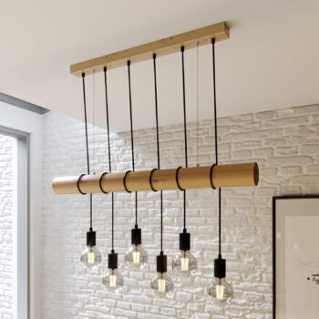 Závesná lampa Eviton, šesť svetiel, prírodné drevo - Image 3