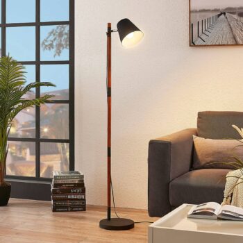 Stojaca lampa Birte, čierna s dreveným prvkom - Image 3