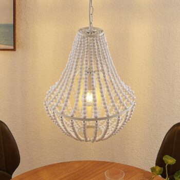 Lindby Arisha závesná lampa, drevené guľôčky biela