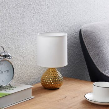 Lindby Tyras látka stolná lampa biela keramika Au
