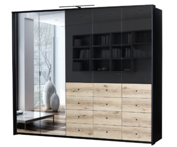 HOLYWOOD 255 šatníková skriňa so zrkadlom, čierna/ dub artisan