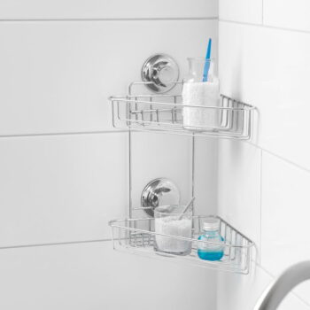 Rohová samodržiaca kovová kúpeľňová polička v striebornej farbe Bestlock Bath – Compactor – Obrázok 7