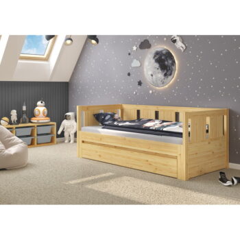 Detská rohová posteľ z borovicového dreva s výsuvným lôžkom a úložným priestorom v prírodnej farbe 90x200 cm Monia – Olivia Living – Obrázok 3