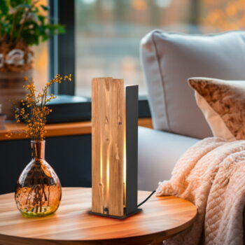 Stolová lampa v čierno-prírodnej farbe s dreveným tienidlom (výška 40 cm) Karuni – Trio – Obrázok 2