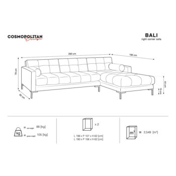 Tmavosivá zamatová rohová pohovka Cosmopolitan Design Bali, pravý roh - Image 9