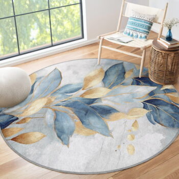 Prateľný okrúhly koberec v modrej a zlatej farbe ø 150 cm Golden Leaves – Mila Home - Image 9