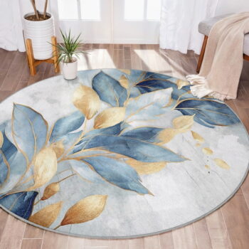 Prateľný okrúhly koberec v modrej a zlatej farbe ø 120 cm Golden Leaves – Mila Home – Obrázok 6