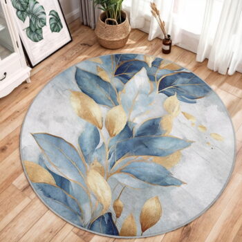 Prateľný okrúhly koberec v modrej a zlatej farbe ø 120 cm Golden Leaves – Mila Home – Obrázok 7