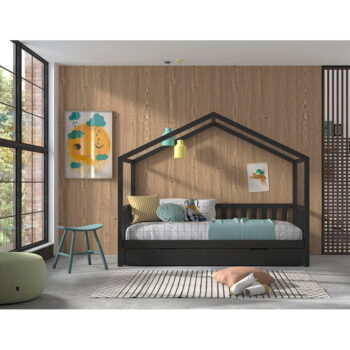 Antracitová domčeková detská posteľ z borovicového dreva s výsuvným lôžkom a úložným priestorom 90x200 cm DALLAS – Vipack - Image 2
