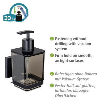 Čierny samodržiaci plastový dávkovač mydla 340 ml Quadro – Wenko - Image 10