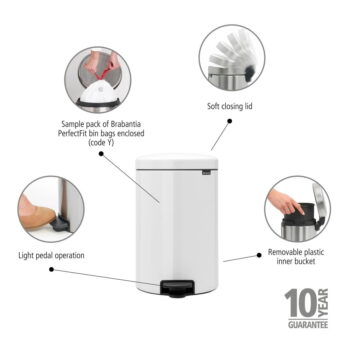 Biely nášľapný oceľový odpadkový kôš 20 l NewIcon – Brabantia - Image 9