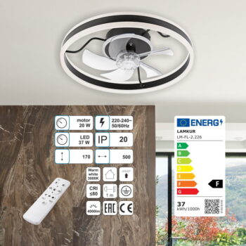 Čierne LED stropné svietidlo s ventilátorom Fargo – LAMKUR - Image 5