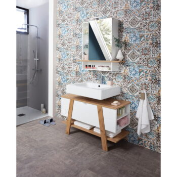 Biela závesná kúpeľňová skrinka so zrkadlom v dekore duba 90x91 cm Novolino - Germania - Image 8