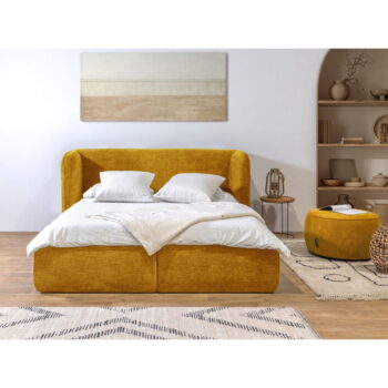 Okrovožltá čalúnená dvojlôžková posteľ s úložným priestorom s roštom 160x200 cm Louise – Bobochic Paris – Obrázok 7