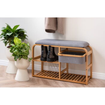 Bambusový polica na topánky so sivým polstrovaním Leitmotiv Bench, šírka 70 cm - Image 2