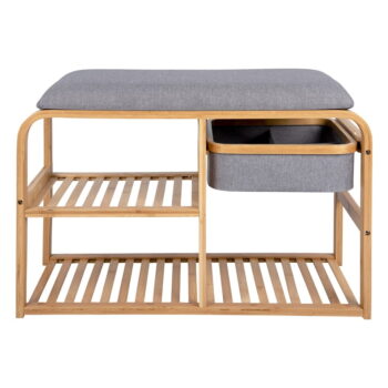 Bambusový polica na topánky so sivým polstrovaním Leitmotiv Bench, šírka 70 cm - Image 3