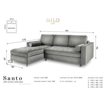 Svetlosivá zamatová rozkladacia rohová pohovka Milo Casa Santo, ľavý roh - Image 2