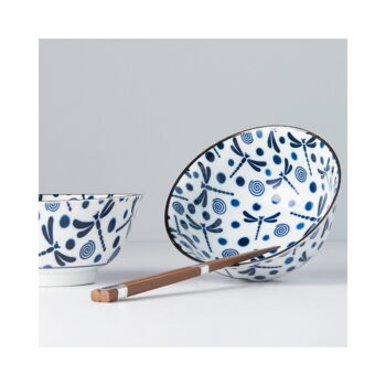 Set 2 modro-bielych keramických misiek a jedálenských paličiek MIJ Blue Dragonfly - Image 2