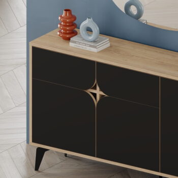 Nízka komoda v dekore duba v čierno-prírodnej farbe 140x79 cm Nola – Marckeric - Image 9