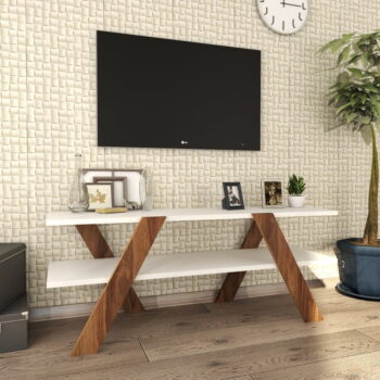 Biely/prírodný TV stolík v dekore orecha 120x33 cm Basic - Kalune Design – Obrázok 3