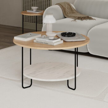 Okrúhly konferenčný stolík s doskou v dubovom dekore v prírodnej farbe ø 80 cm Tonka – Marckeric - Image 5
