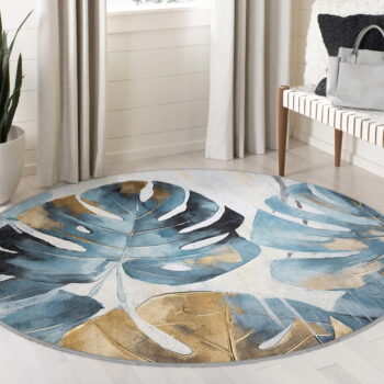Modrý prateľný okrúhly koberec ø 150 cm Golden Leaves – Mila Home - Image 2
