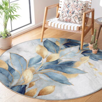 Prateľný okrúhly koberec v modrej a zlatej farbe ø 120 cm Golden Leaves – Mila Home – Obrázok 2
