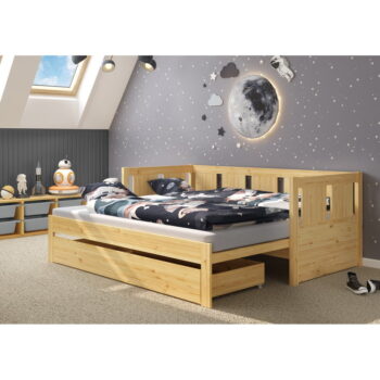 Detská rohová posteľ z borovicového dreva s výsuvným lôžkom a úložným priestorom v prírodnej farbe 90x200 cm Monia – Olivia Living – Obrázok 4
