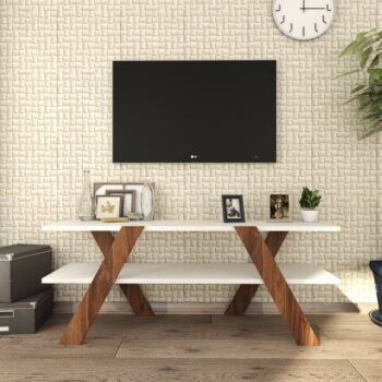 Biely/prírodný TV stolík v dekore orecha 120x33 cm Basic - Kalune Design – Obrázok 2