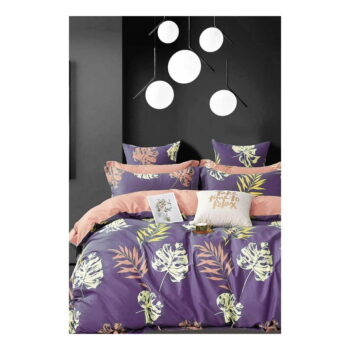 Fialové predĺžené štvordielne bavlnené obliečky na dvojlôžko s plachtou 200x220 cm Leaves – Mila Home