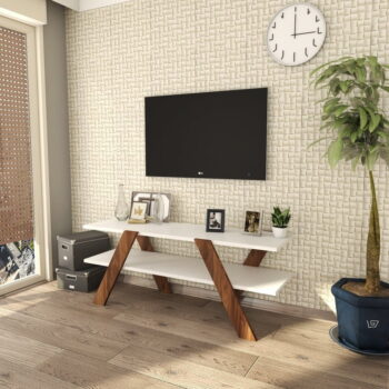 Biely/prírodný TV stolík v dekore orecha 120x33 cm Basic - Kalune Design – Obrázok 4
