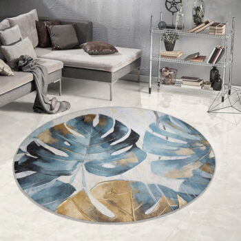 Modrý prateľný okrúhly koberec ø 150 cm Golden Leaves – Mila Home - Image 9