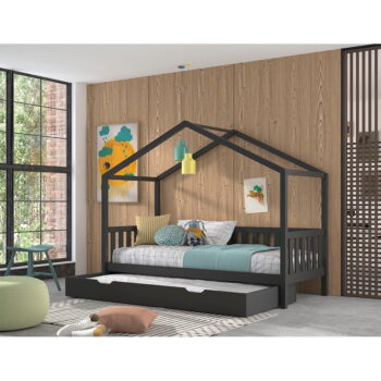 Antracitová domčeková detská posteľ z borovicového dreva s výsuvným lôžkom a úložným priestorom 90x200 cm DALLAS – Vipack - Image 3
