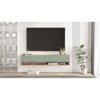 TV stolík v dekore borovice v zeleno-prírodnej farbe 140x29x32 cm – Kalune Design – Obrázok 6