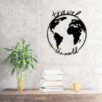 Čierna kovová nástenná dekorácia Travel The World, 55 × 62 cm - Image 2