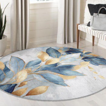 Prateľný okrúhly koberec v modrej a zlatej farbe ø 80 cm Golden Leaves – Mila Home - Image 11