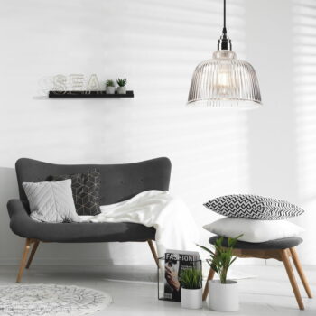 Závesné svietidlo v lesklej striebornej farbe so skleneným tienidlom ø 30 cm Asta – LAMKUR - Image 3